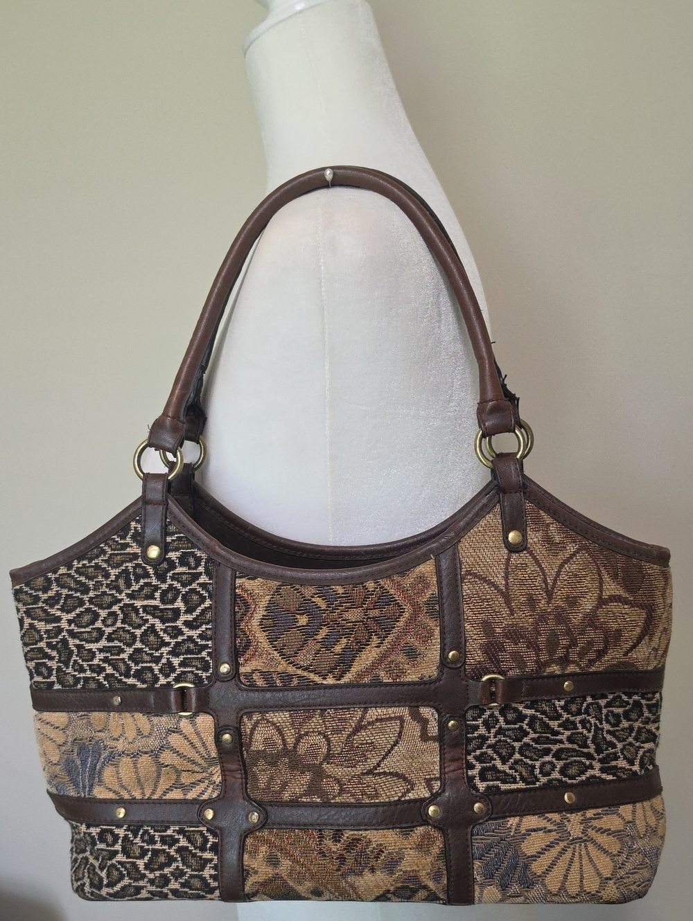 Vintage Leslie Fay Patchwork Tapestry Tote Bag Shoulder Purse Y2K Boho